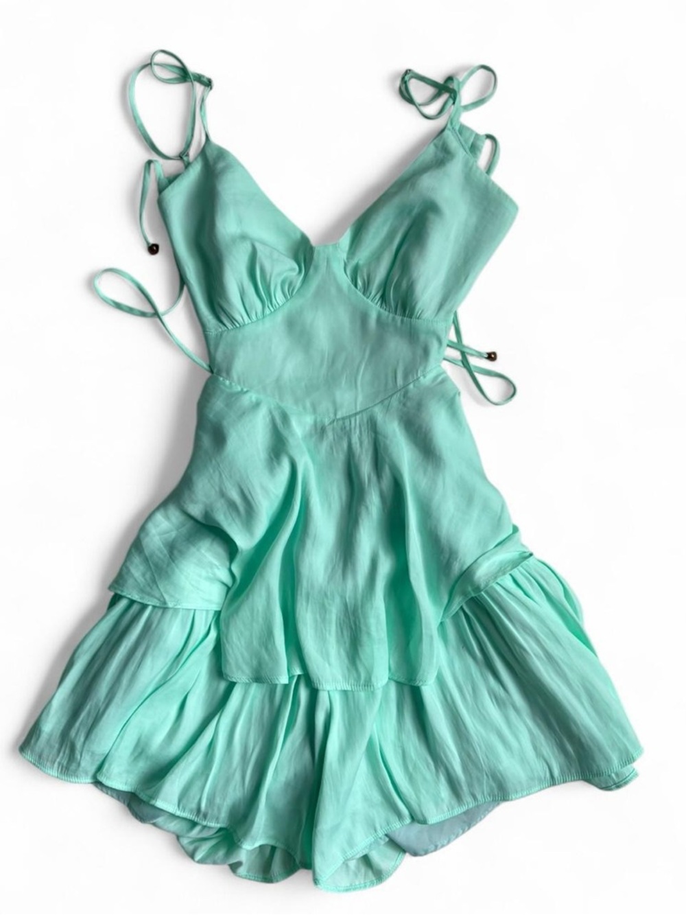 Mint Green Backless Mini Dress w Built-In Shorts Ruffle Tie Back Fairy Dress S